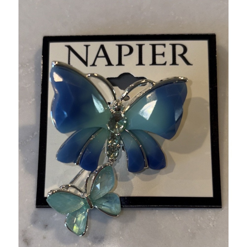NWT Napier Silver Tone 2 Blue‎ Green Glass Butterflies Pin